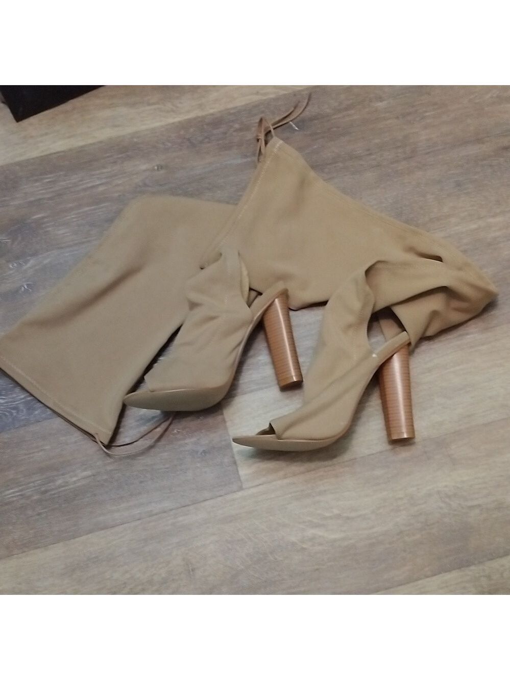 Public Desire Size 7 Tan Suede Peep-Toe Cutout Over-The-Knee Heel Boots - Picture 2 of 7